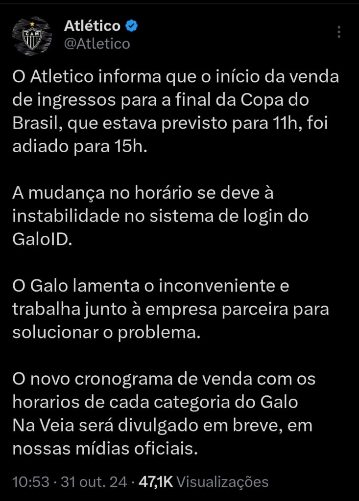 Nota Atlético-MG venda de ingressos